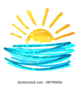 Watercolor summer sketch print. Sun, waves, sea. Logo isolated on white background 