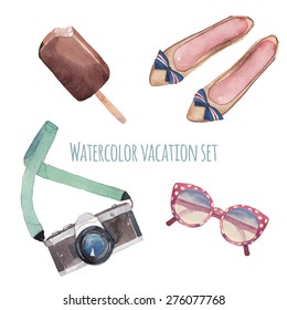 Watercolor summer style set. Hand drawn girly tourism objects: sunglasses, photo camera, ice cream, woman shoes isolated on white background. Cute retro elements in vector