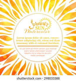 Watercolor summer sun background. Bright hand-painted sun on white background. There is place for your text in the center.