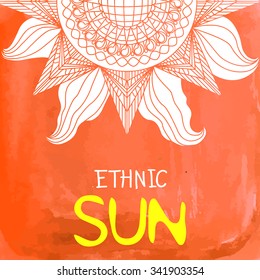 Watercolor summer sun background. Sun in lines art style at the top on orange background. There is place for your text.