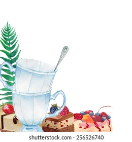Watercolor summer tea time frame. Hand painted vintage background with porcelain cups, spoon, cakes, meringue cake with berries. Garden teatime illustration in vector