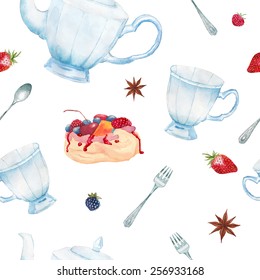 Watercolor summer tea time pattern. Hand painted seamless background with vintage cup, teapot, spoon, meringue cake, berries, tea spices. Vector texture