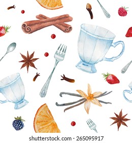 Watercolor summer tea time pattern. Hand painted seamless background with vintage cup, fork, spoon, orange, berries, tea spices: cinnamon sticks, star anise, vanilla. Vector texture