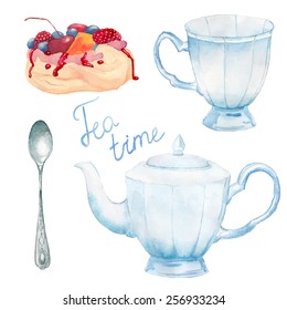 Watercolor summer tea time set. Hand painted vintage porcelain cup, teapot, spoon, meringue cake with berries. Vector objects