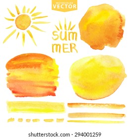 Watercolor summer texture.Yellow Hand painting splash,stains,spot,brushes and sun set.Vector summer.Warm,orange,hot,sunny Bright design template.Party background.Holiday,vacation artistic template