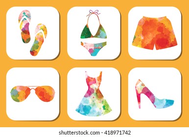 Watercolor summer vacation clothes and accessories set. Beach clothes objects: sunglasses,, flip flops, dress, swimsuit and shoes. Icons or stickers.