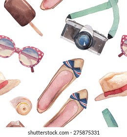 Watercolor summer vacation fashion pattern. Vintage hand drawn seamless texture with tourism objects: sunglasses, hat, sea shells, photo camera, ice cream, woman shoes. White background