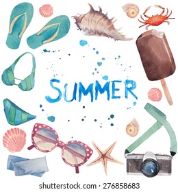 Watercolor summer vacation frame. Hand drawn round card background with tourism objects: sunglasses, photo camera, sea shells, flip flop shoes, swimwear, ice cream, crab and lettering