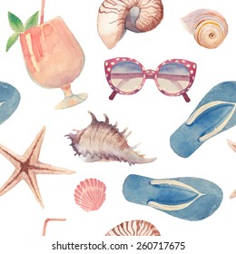 Watercolor summer vacation retro pattern. Vintage hand drawn seamless texture with beach objects: sunglasses, cocktail, sea shells, sea star, flip flops. White background