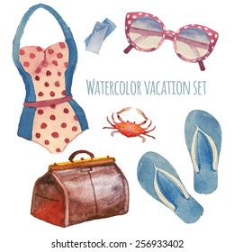 Watercolor summer vacation retro set. Vintage hand drawn beach objects: sunglasses, Luggage, flip flops, polka dot swimsuit, crab, tickets