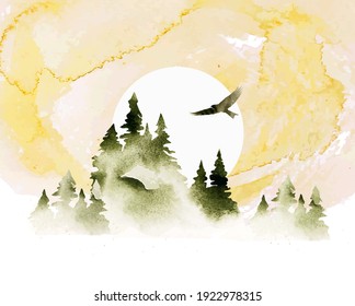 Watercolor summer vector landscape in green and golden colors. Forest, eagle and sunrise. Hand drawn illustration. Watercolor design for card, poster, banner, print