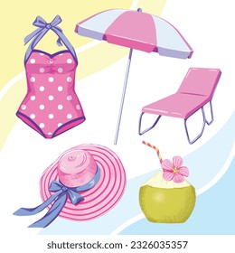 Conjunto de cosecha de color acuático de verano. Objetos de playa dibujados a mano: silla de bronceado Beach Umbrella, traje de baño de punto polka, sombrero, bebida coco