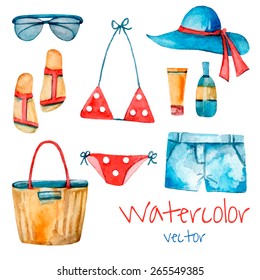 Watercolor summer vintage set. Hand drawn beach objects: sunglasses, bag, flops, polka dot swimsuit, hat, jeans shorts. 