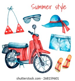 Watercolor summer vintage set. Hand drawn objects: sunglasses, flops, polka dot swimsuit, hat, jeans shorts and red scooter. 