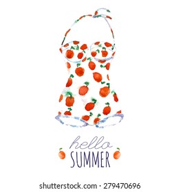 Watercolor Summer Vintage Swimsuit With Cute Apricot Pattern And Place For Text. 