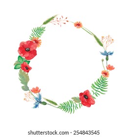 Watercolor summer wreath with field flowers and herbs. hand painted poppy, cornflower, spikelet, horsetail field, buttercup, grass and leaves. Vector round floral frame. Artistic natural design