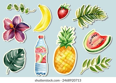 Watercolor summertime stickers. Exotic fruits. Palm leaves. Summer elements. 