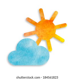 Watercolor Sun and cloud icon, vector illustration.