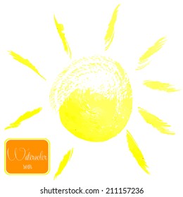Watercolor sun on white background. Vector illustration.