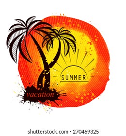 Watercolor sun with palm tree. Vector
