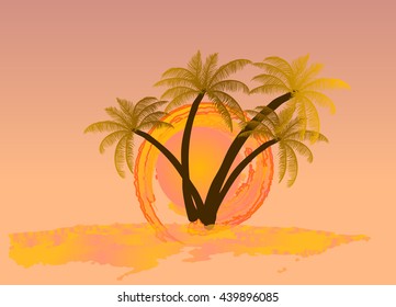 Watercolor sun with palm tree. Vector