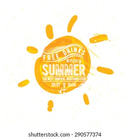 Watercolor sun, rays flat icon closeup silhouette isolated on white background. Art logo design