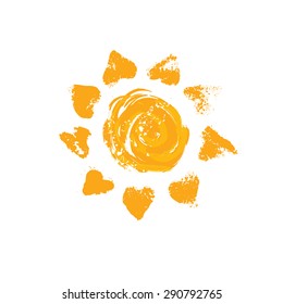 Watercolor sun, rays flat icon closeup silhouette isolated on white background. Art logo design