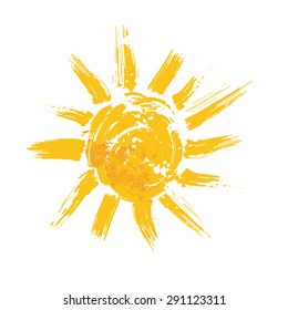 Watercolor sun, rays flat icon closeup silhouette isolated on white background. Art logo design