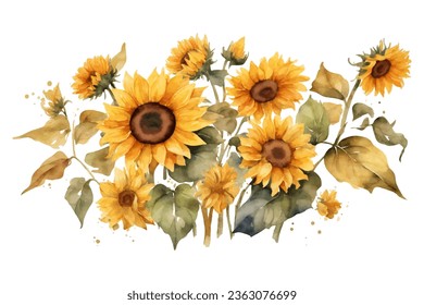 watercolor sunflower element set. isolated on white background