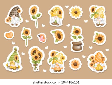 Watercolor sunflower gnomes sticker, planner. Digital painting. 