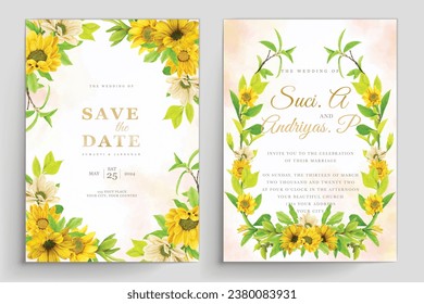 watercolor sunflower and green leaves invitation card design