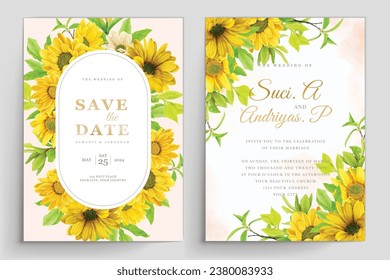 watercolor sunflower and green leaves invitation card design