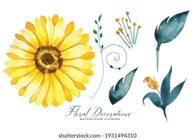 watercolor sunflower and leaves collection elements