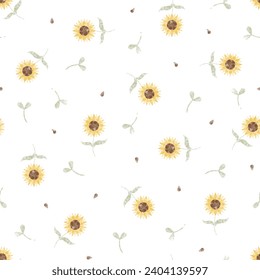 Patrón sin costuras de girasol acuarela. Flores y motivos de jardín. Girasol, plántula y semilla sobre fondo blanco. Diseño para tela, textil, vestido, falda, camisa, pañuelo, tarjeta, papel de envoltura, impresión.