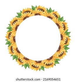 Watercolor sunflower wreath in round frame. Vector illustration