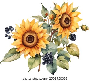 Watercolor sunflowers with green leaves bouquet flower hand painted illustration.