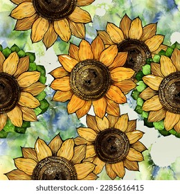 Watercolor sunflowers seamless pattern texture. Botanical background with bright yellow flowers, hand drawn, design print for fabric, paper. Vibrant floral print, wallpaper, floral digital drawing 