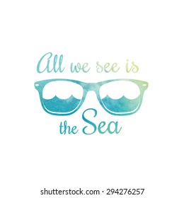 Watercolor sunglasses. Watercolor sea waves. Surf t shirt design. Surfing t-shirt graphics, print. Vector illustration.