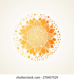 Watercolor sunny mandala. Stylized sunflower. Isolated element for design. Gold texture sunflower on white background. Vector edited illustration. Logo template