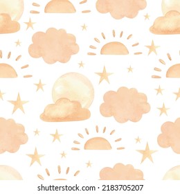 Watercolor suns and clouds golden pattern. Vector illustration