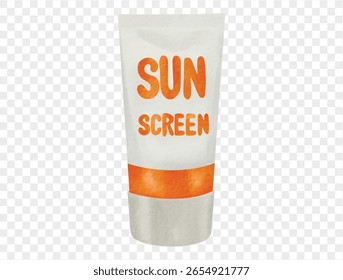 Watercolor sunscreen cream tube summer beach icon vector.
