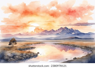 Watercolor sunset landscape. Banner background 