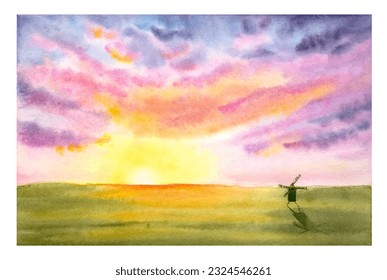 Watercolor sunset landscape with a field and a windmill.