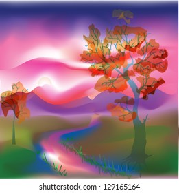 Watercolor sunset  in meadow vector