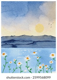 Watercolor Sunset Sunrise landscape. Nature Watercolor Abstract Background