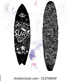 Watercolor surfing design. All elements by layers