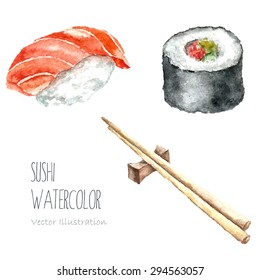 Watercolor sushi and roll with chopsticks on white background. Hand draw isolated illustrations. Vector.