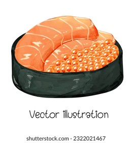 Watercolor sushi salmon, egg shrimp japanese food vector illustration