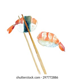 Watercolor Sushi With Shrimp In Vector