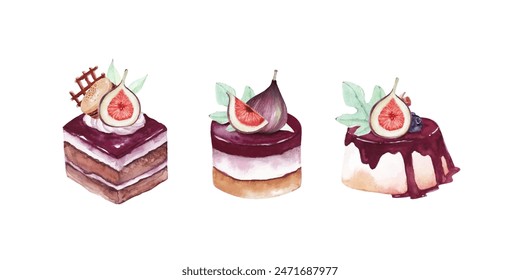 Watercolor sweet and delicious cakes with figs